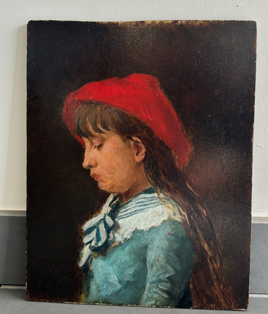 Attribué à Gustave Biot (XIXe), Portrait de jeune fille au béret rouge, huile sur panneau-photo-3