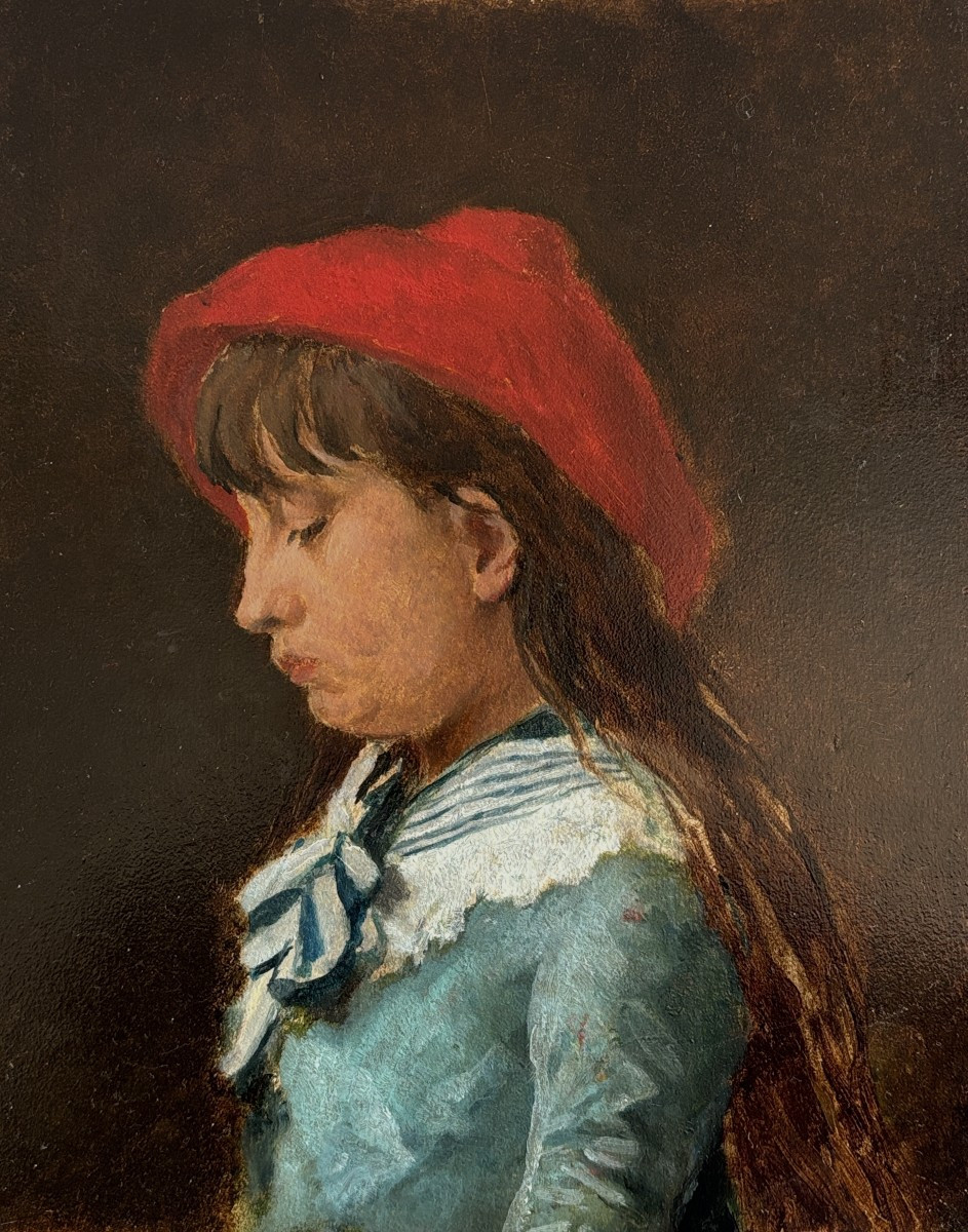 Attribué à Gustave Biot (XIXe), Portrait de jeune fille au béret rouge, huile sur panneau