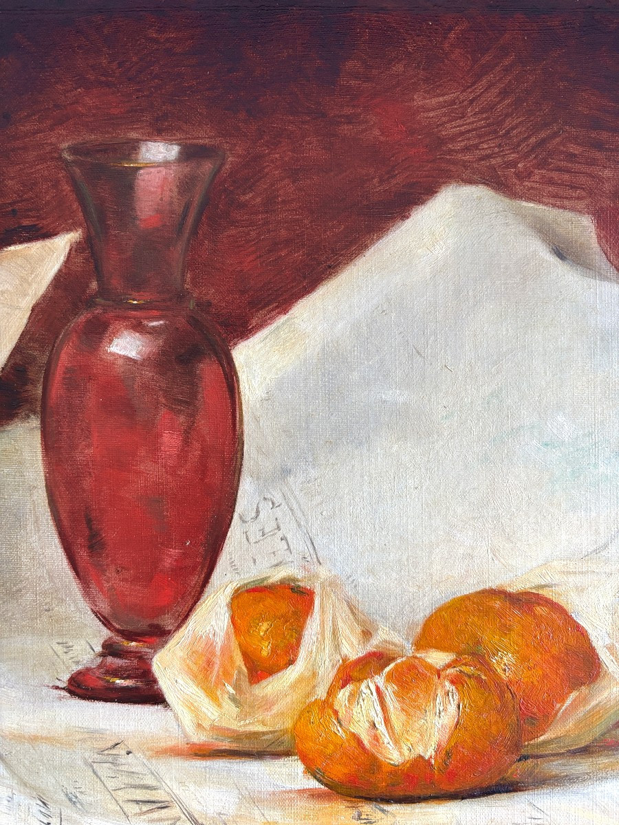 Ecole Française vers 1900, Nature morte aux agrumes et au vase, huile sur toile-photo-3