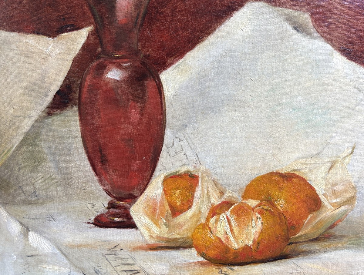 Ecole Française vers 1900, Nature morte aux agrumes et au vase, huile sur toile-photo-4
