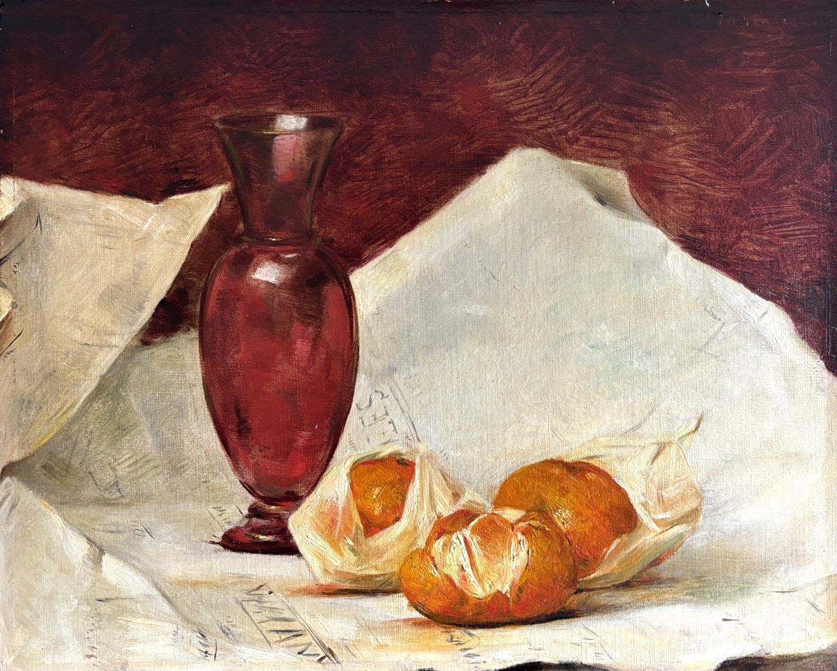 Ecole Française vers 1900, Nature morte aux agrumes et au vase, huile sur toile