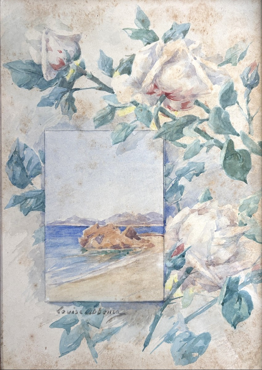 Louise Abbema (1853-1927), Composition aux roses et bord de mer, dessin, aquarelle-photo-2