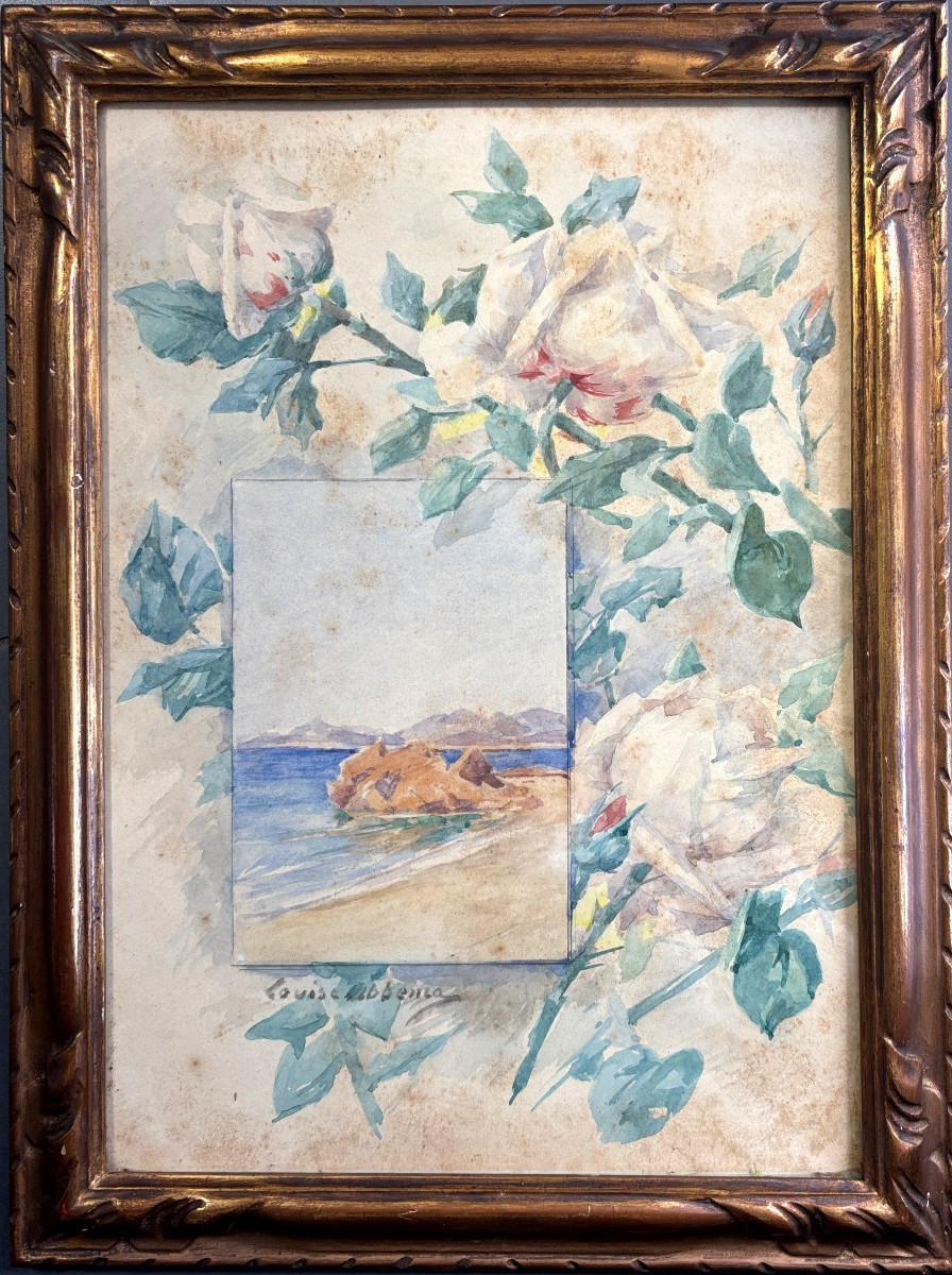 Louise Abbema (1853-1927), Composition aux roses et bord de mer, dessin, aquarelle