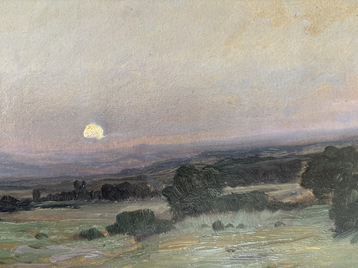 Clovis Terraire (1858-1931), école lyonnaise, Lever de lune à Soleymieu, Huile sur carton, 1902-photo-2