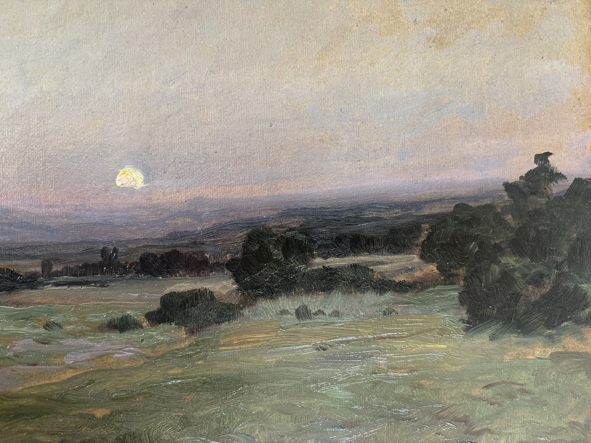 Clovis Terraire (1858-1931), école lyonnaise, Lever de lune à Soleymieu, Huile sur carton, 1902-photo-3