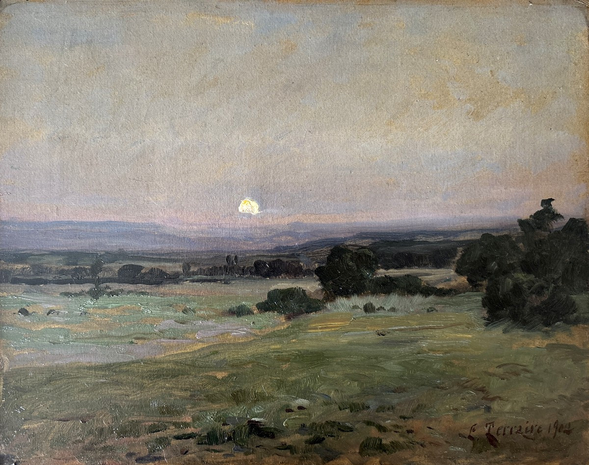 Clovis Terraire (1858-1931), école lyonnaise, Lever de lune à Soleymieu, Huile sur carton, 1902