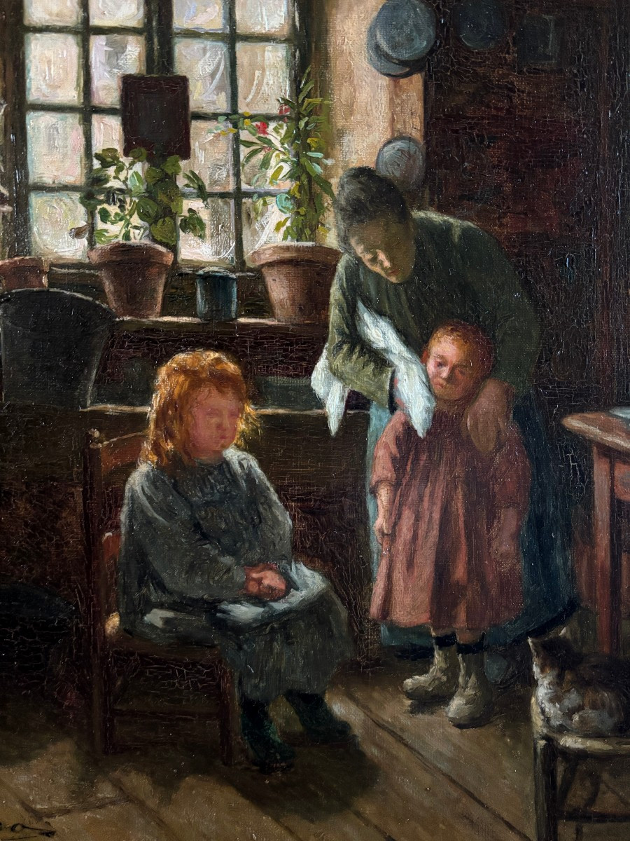Caro?, Femme et enfants dans un intérieur rustique: la toilette, huile sur toile-photo-3