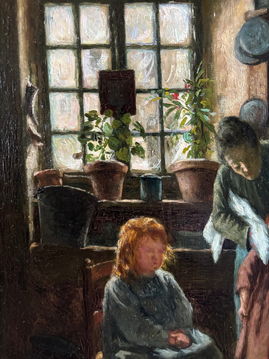 Caro?, Femme et enfants dans un intérieur rustique: la toilette, huile sur toile-photo-1