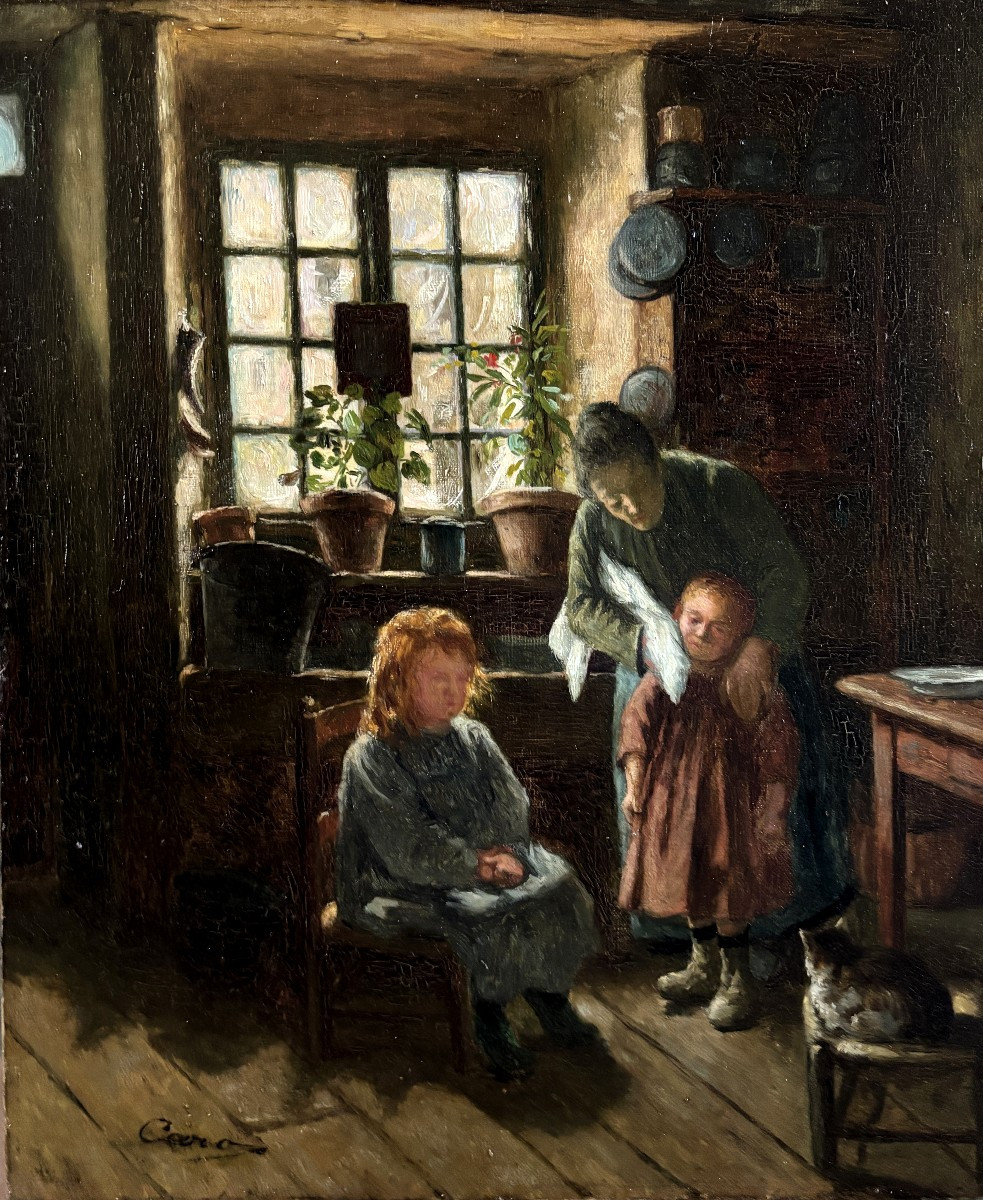 Caro?, Femme et enfants dans un intérieur rustique: la toilette, huile sur toile