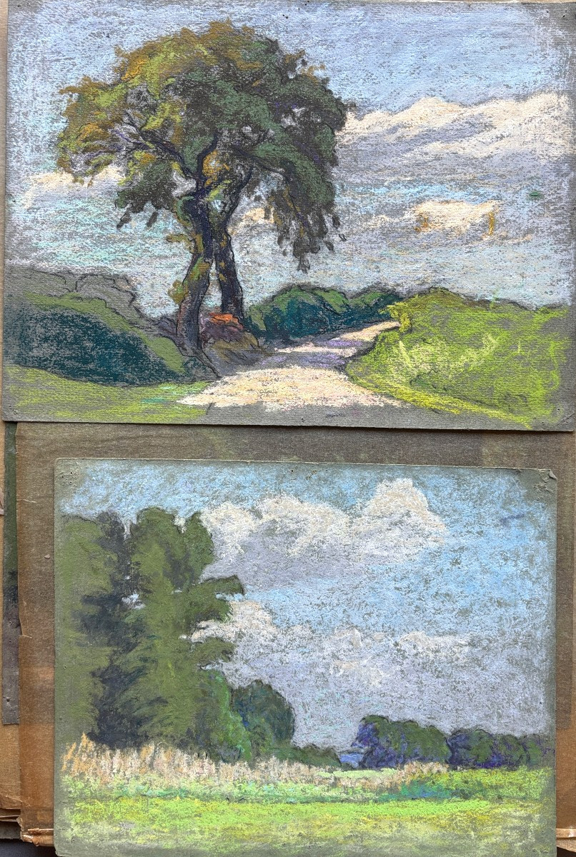 Meulien-verez? Early 20th Century French School, Pair Of Wooded Landscapes, Pastel Drawings