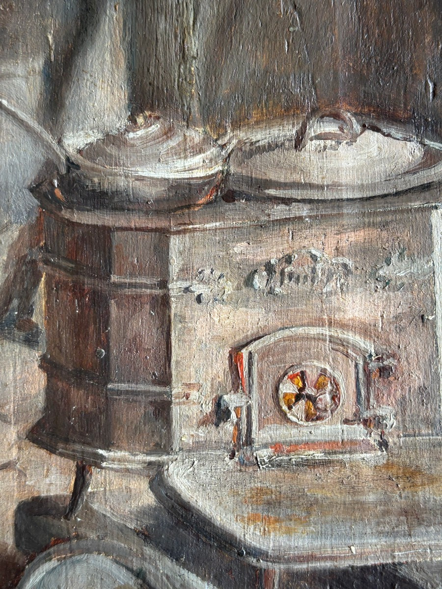 Early 20th Century French School, Un Poêle à Bois, Oil On Panel, 1908-photo-2