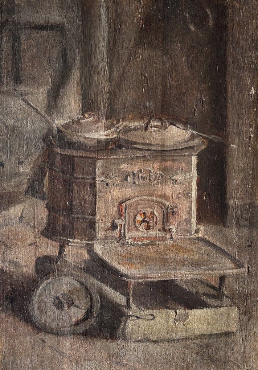 Early 20th Century French School, Un Poêle à Bois, Oil On Panel, 1908