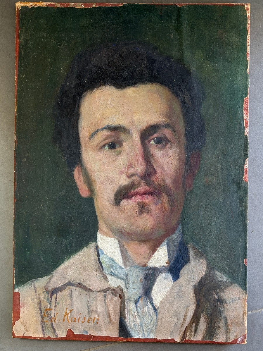 Edouard Kaiser (1855-1931), Portrait d'homme : autoportrait?, huile sur papier-photo-5