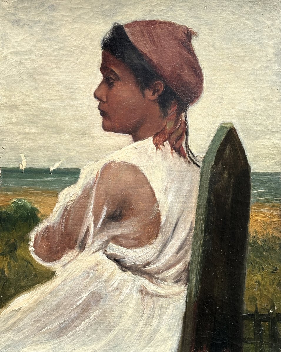 Late 19th Century French School, Portrait De Jeune Antillaise En Bord De Mer, Oil-photo-2