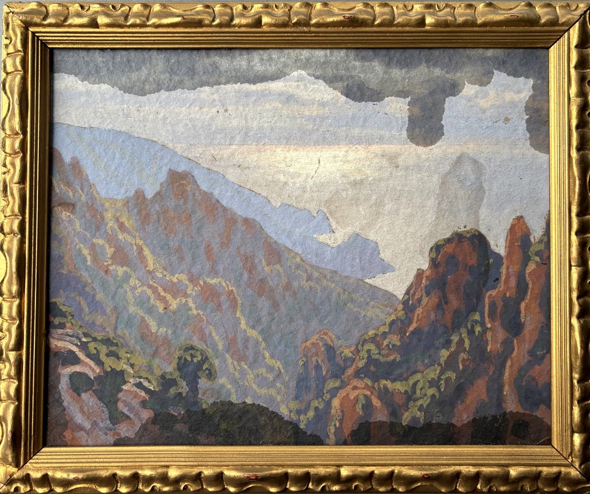 François Etienne Lahaye (1878-1949), The Calanques Of Piana In Corsica, Gouache-photo-2