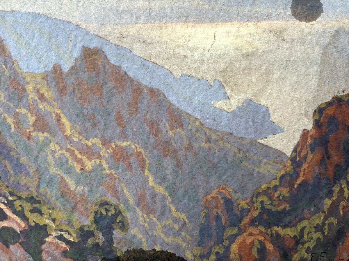 François Etienne Lahaye (1878-1949), The Calanques Of Piana In Corsica, Gouache-photo-3
