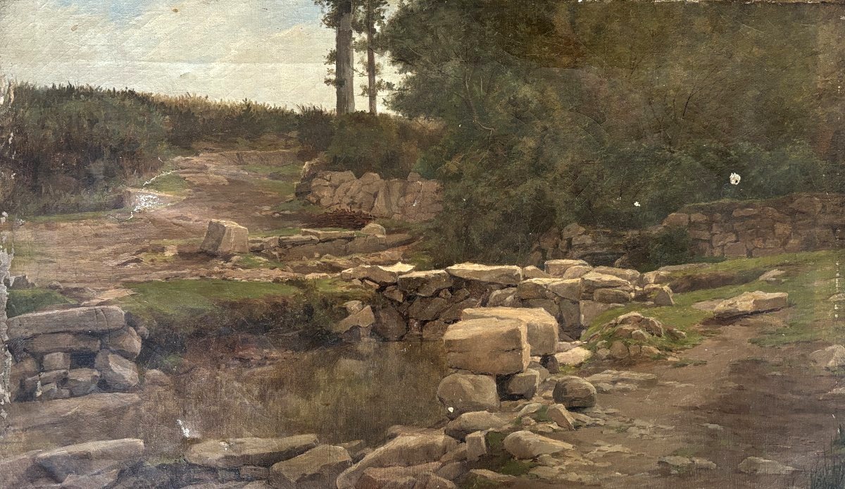 Ecole française de la fin du XIXe siècle, Paysage à la carrière ou site archéologique?, huile 