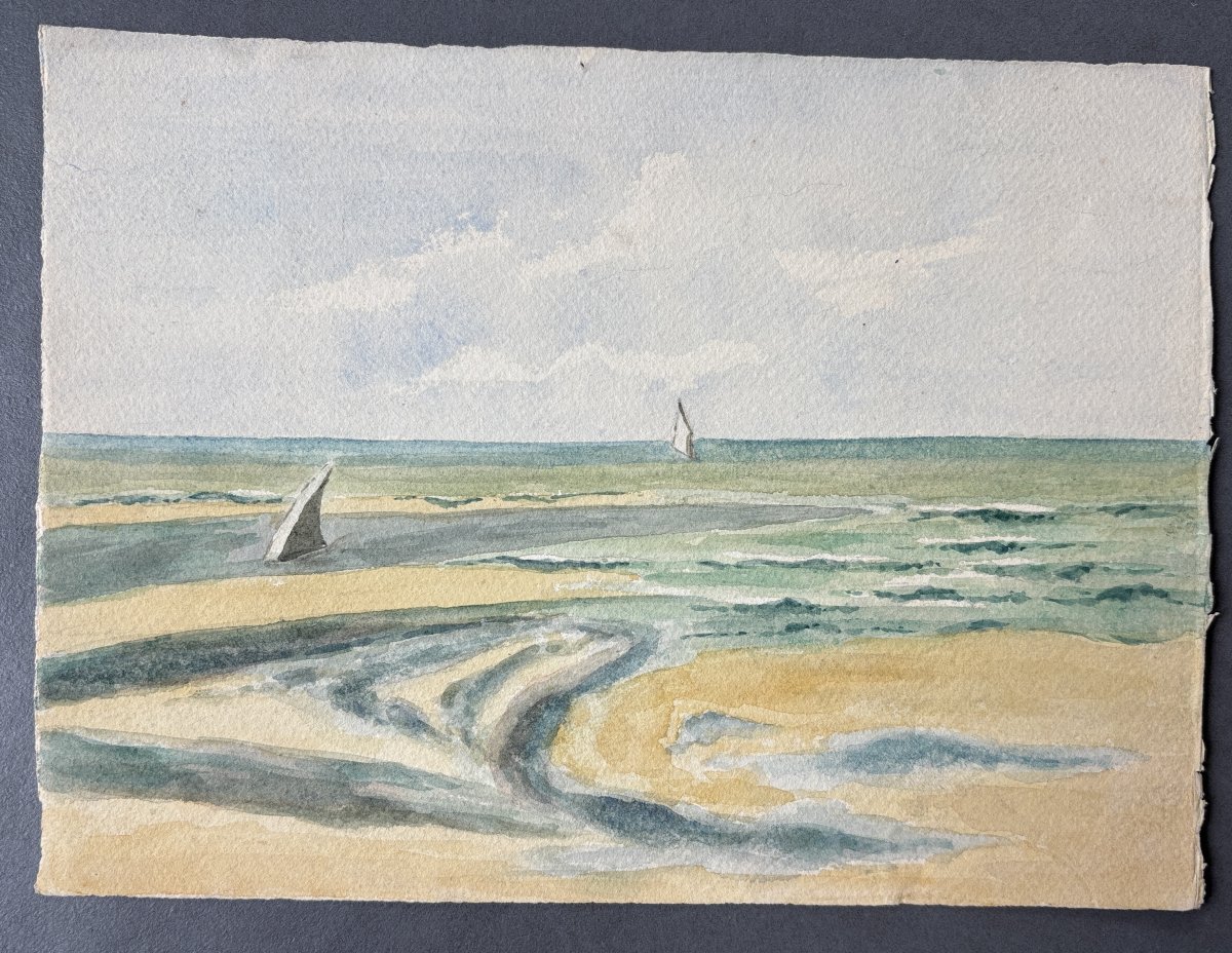 André Morisset (1876-1954) , Paysage de bord de mer: Beuzeval-la plage, Normandie, 1900-photo-3