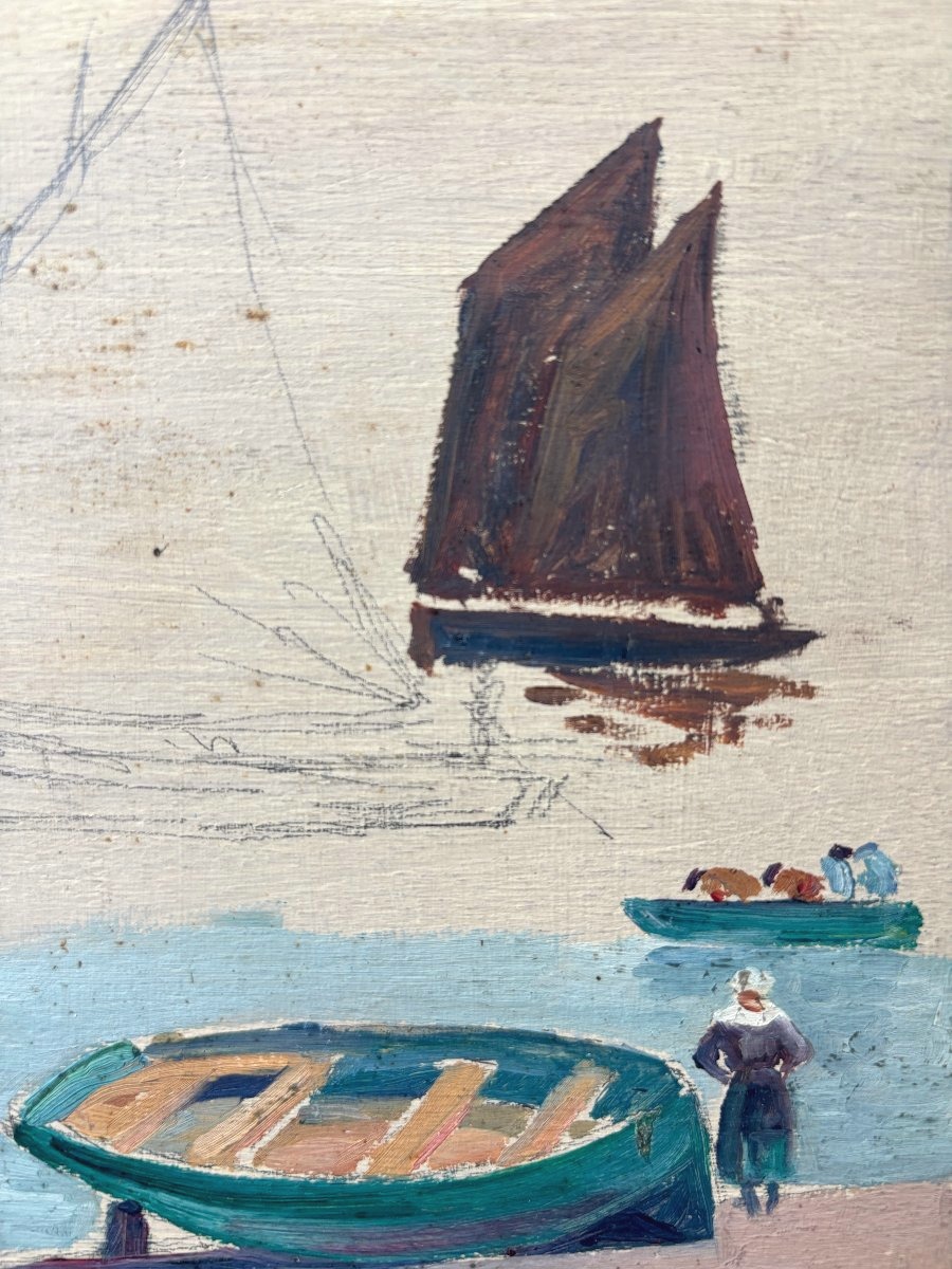 André Morisset (1876-1954) , Study Of Sailors And Boats In Brittany, Oil-photo-2