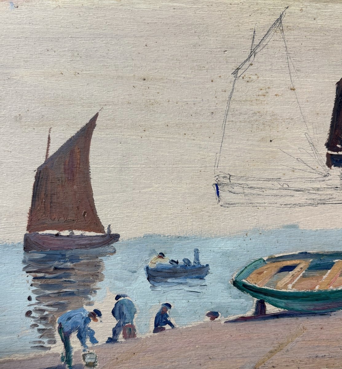 André Morisset (1876-1954) , Study Of Sailors And Boats In Brittany, Oil-photo-3