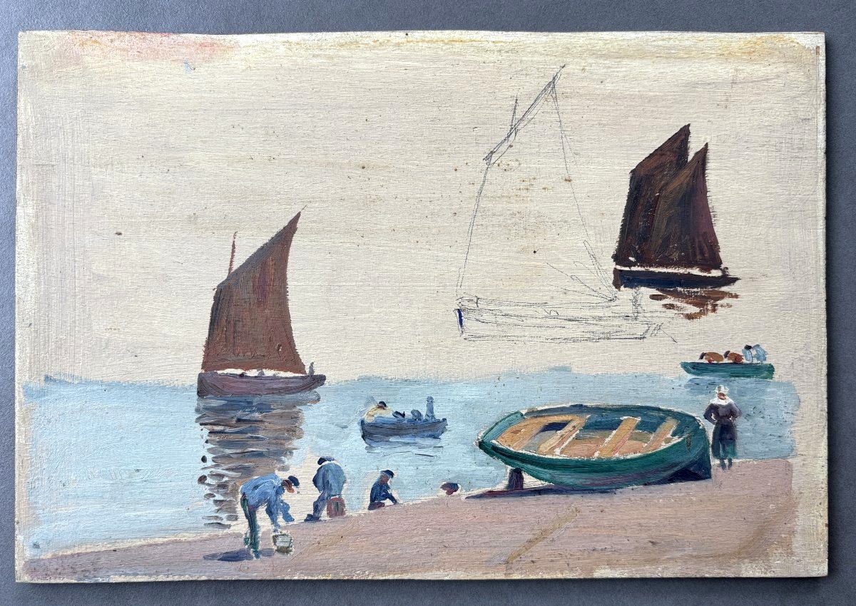 André Morisset (1876-1954) , Study Of Sailors And Boats In Brittany, Oil-photo-4