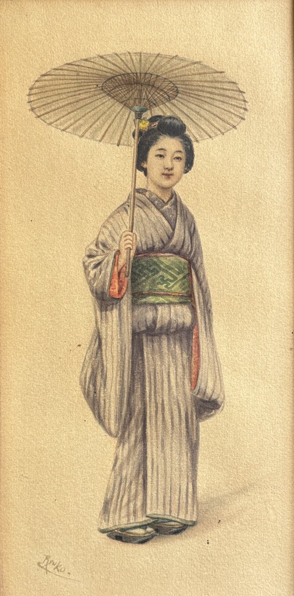 Tsutaya Ryuko (1868–1933), Japanese Woman In Wasaga, Watercolor, Drawing-photo-2