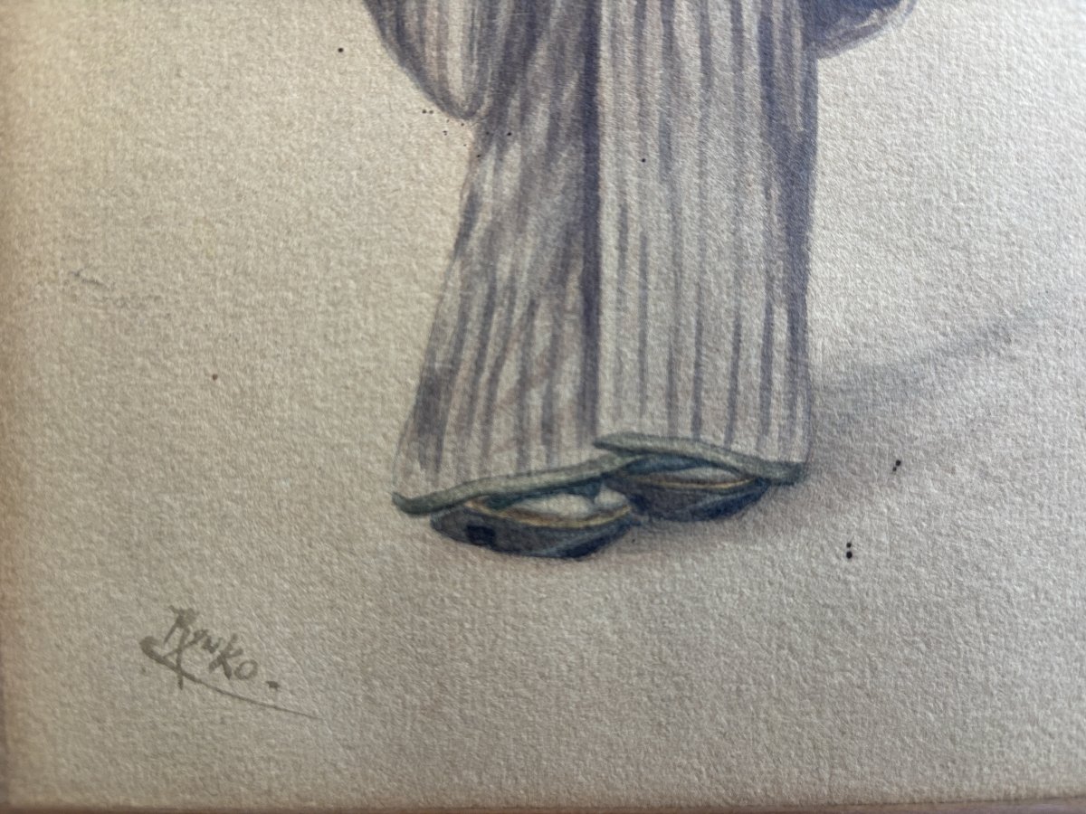 Tsutaya Ryuko (1868–1933), Japanese Woman In Wasaga, Watercolor, Drawing-photo-3