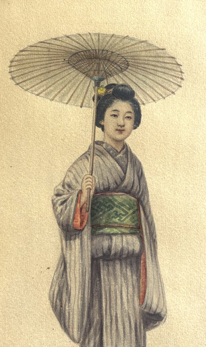 Tsutaya Ryuko (1868–1933), Japanese Woman In Wasaga, Watercolor, Drawing-photo-4