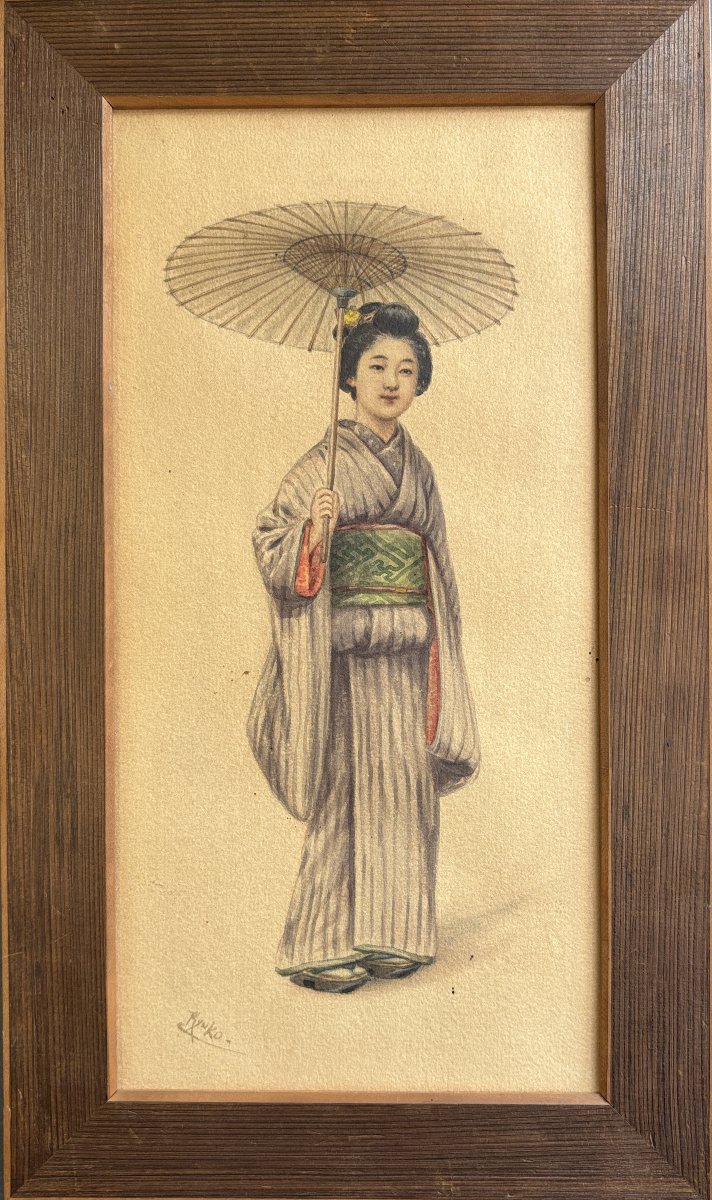 Tsutaya Ryuko (1868–1933), Japanese Woman In Wasaga, Watercolor, Drawing