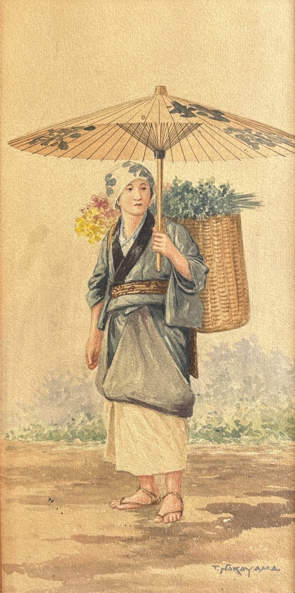 Takashi Nakayama (1893–1978), Japanese Flower Seller, Fuzokuga, Drawing -photo-2