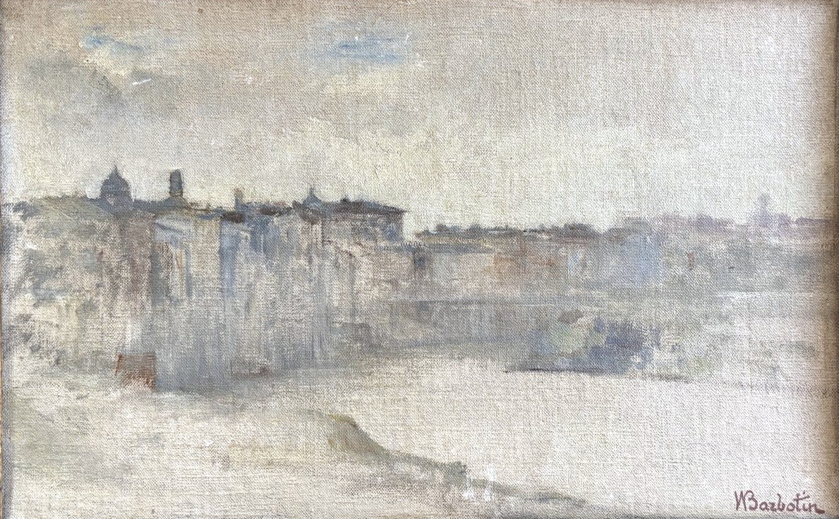 William Barbotin (Ars en Ré 1861-1931), Le Tibre à Rome avec la basilique Saint Pierre, huile
