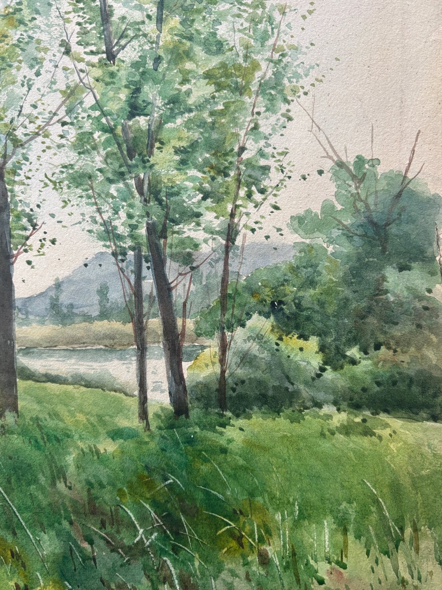 Auguste Allongé (1833–1898), Landscape With Trees Along A River, Watercolor, 1882-photo-2