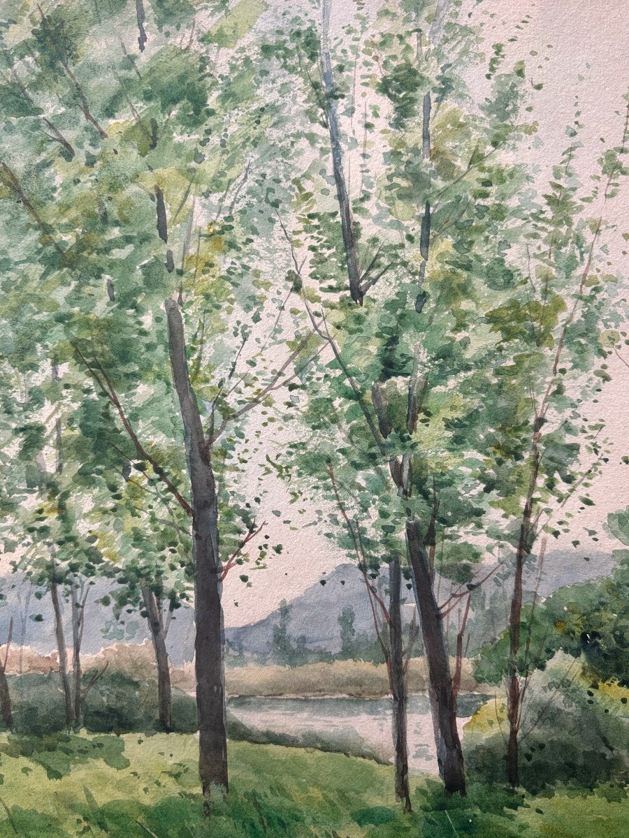 Auguste Allongé (1833–1898), Landscape With Trees Along A River, Watercolor, 1882-photo-3