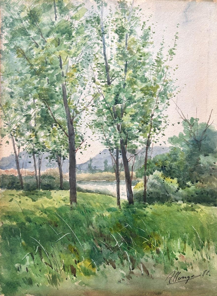 Auguste Allongé (1833–1898), Landscape With Trees Along A River, Watercolor, 1882