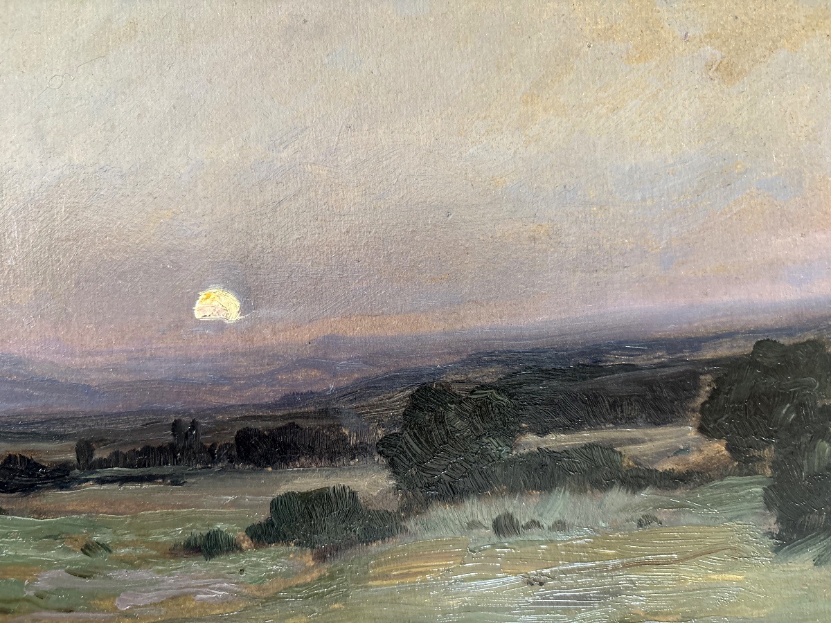 Clovis Terraie (1858-1931), école lyonnaise, Lever de lune à Soleymieu en Isère , huile-photo-3