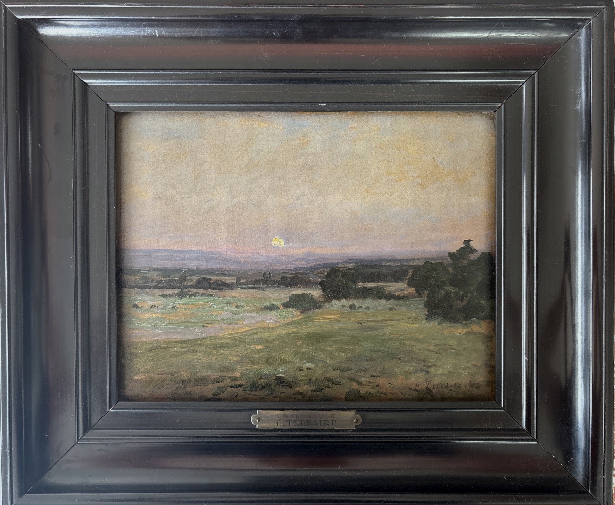 Clovis Terraie (1858-1931), école lyonnaise, Lever de lune à Soleymieu en Isère , huile-photo-4