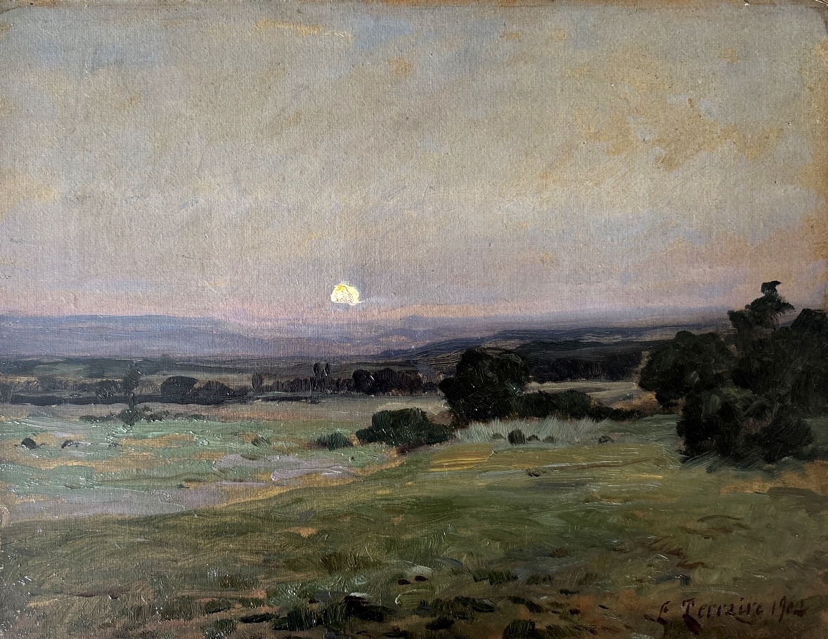 Clovis Terraie (1858-1931), école lyonnaise, Lever de lune à Soleymieu en Isère , huile