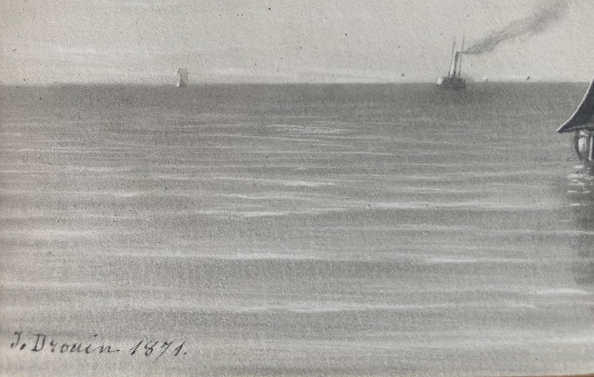 J. Drouin (19th Century), Sailboat Off The Coast Of étretat In Normandy, Drawing-photo-2