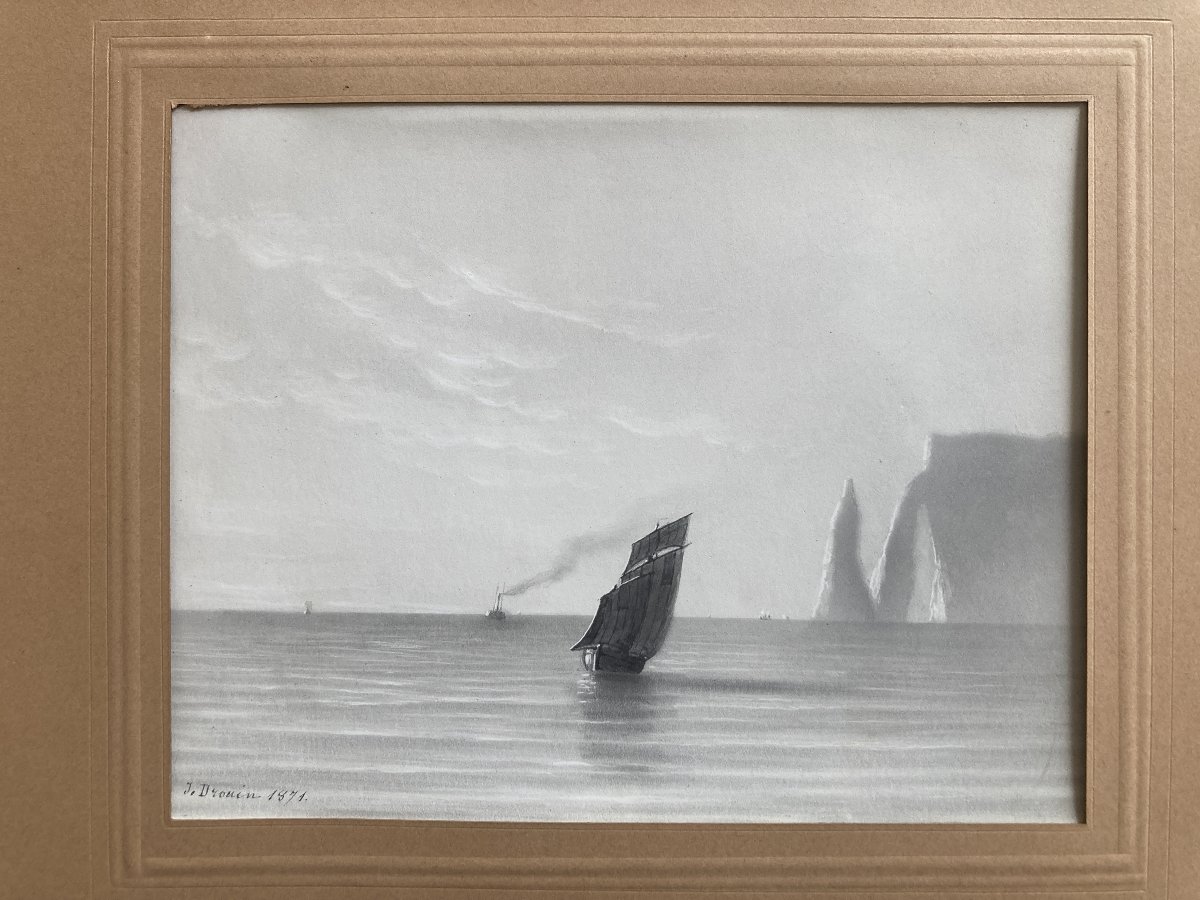J. Drouin (19th Century), Sailboat Off The Coast Of étretat In Normandy, Drawing-photo-4