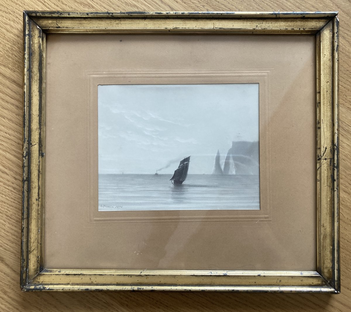 J. Drouin (19th Century), Sailboat Off The Coast Of étretat In Normandy, Drawing-photo-1
