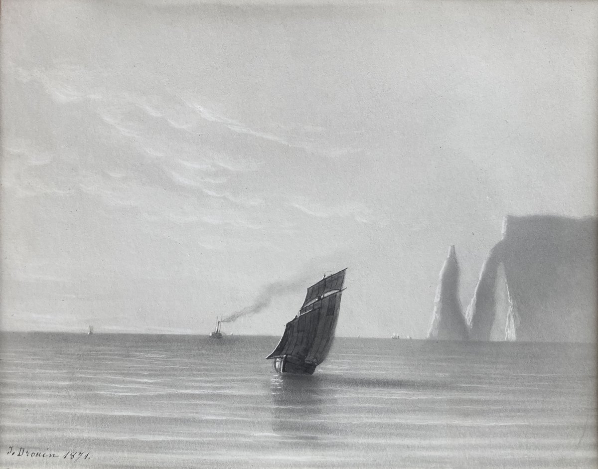 J. Drouin (19th Century), Sailboat Off The Coast Of étretat In Normandy, Drawing