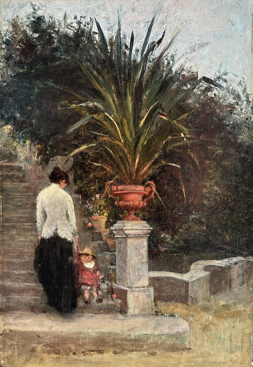 19th-century French School, Woman And Child In A Garden In The South Of France?, Oil On Canvas-photo-3
