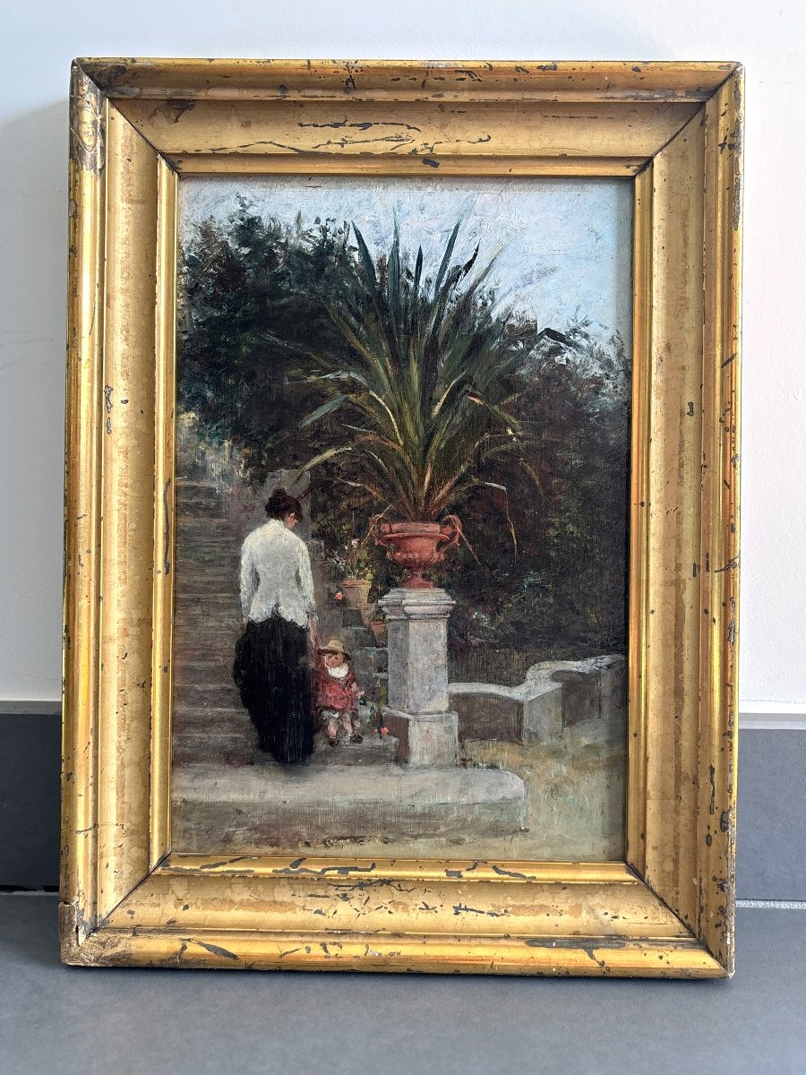 19th-century French School, Woman And Child In A Garden In The South Of France?, Oil On Canvas-photo-4