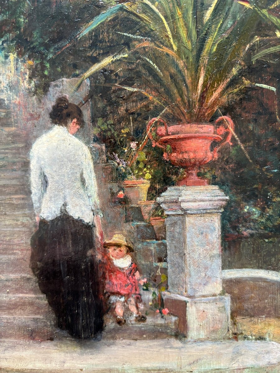19th-century French School, Woman And Child In A Garden In The South Of France?, Oil On Canvas-photo-1