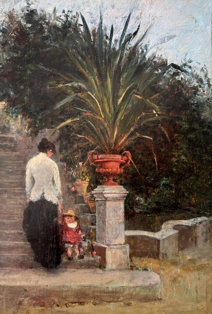 19th-century French School, Woman And Child In A Garden In The South Of France?, Oil On Canvas