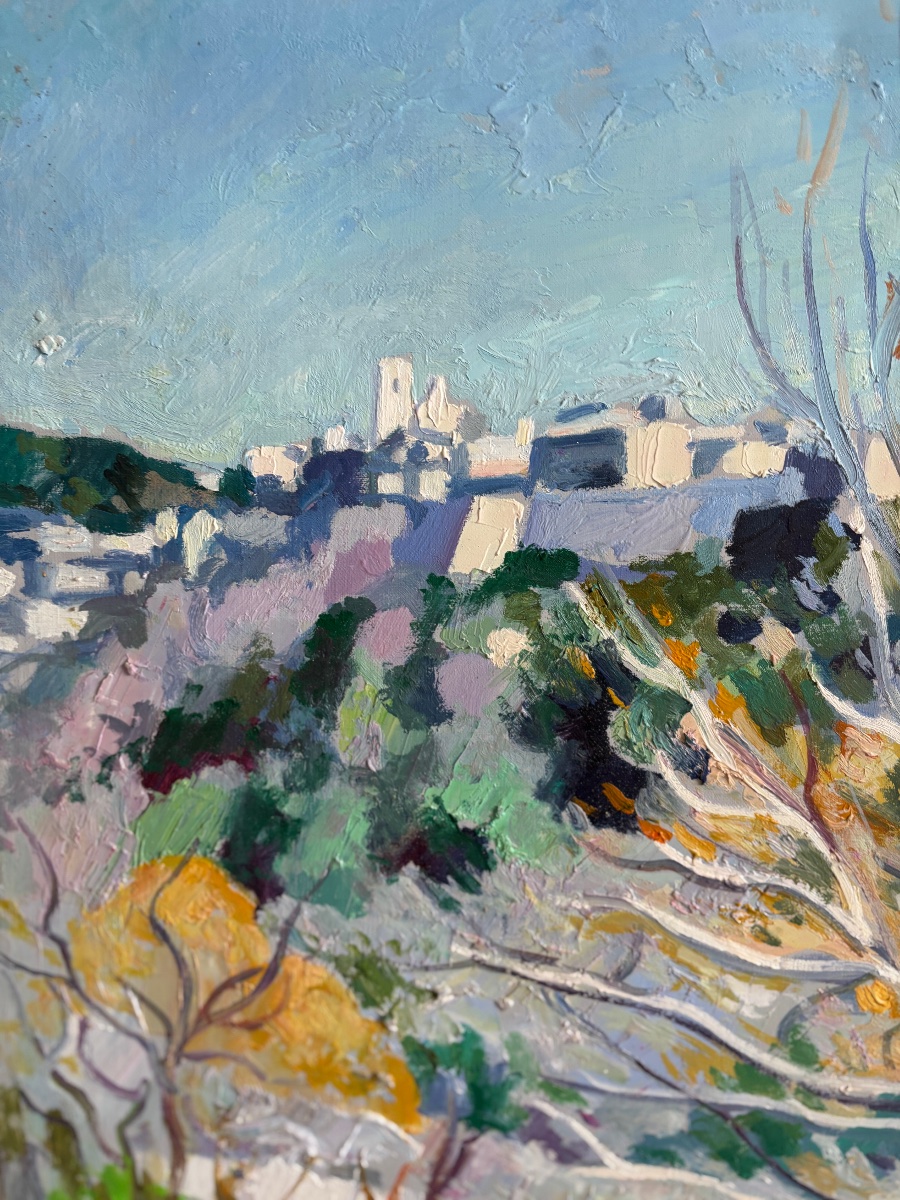 Franck Innocent (Rouen 1912-1983), Paysage : Vue de Saint-Paul de Vence, 1982, huile-photo-2