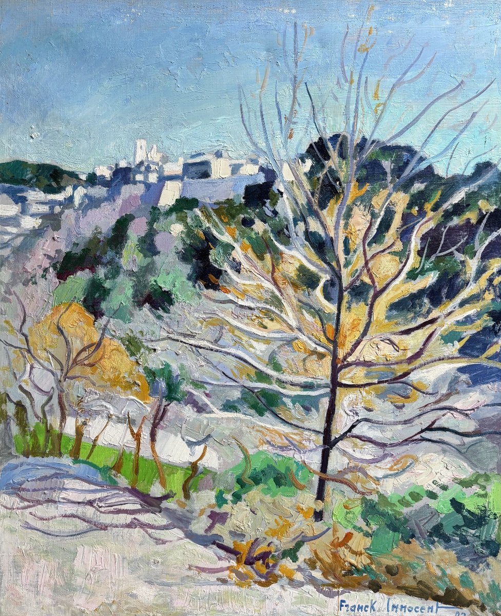 Franck Innocent (Rouen 1912-1983), Paysage : Vue de Saint-Paul de Vence, 1982, huile-photo-2