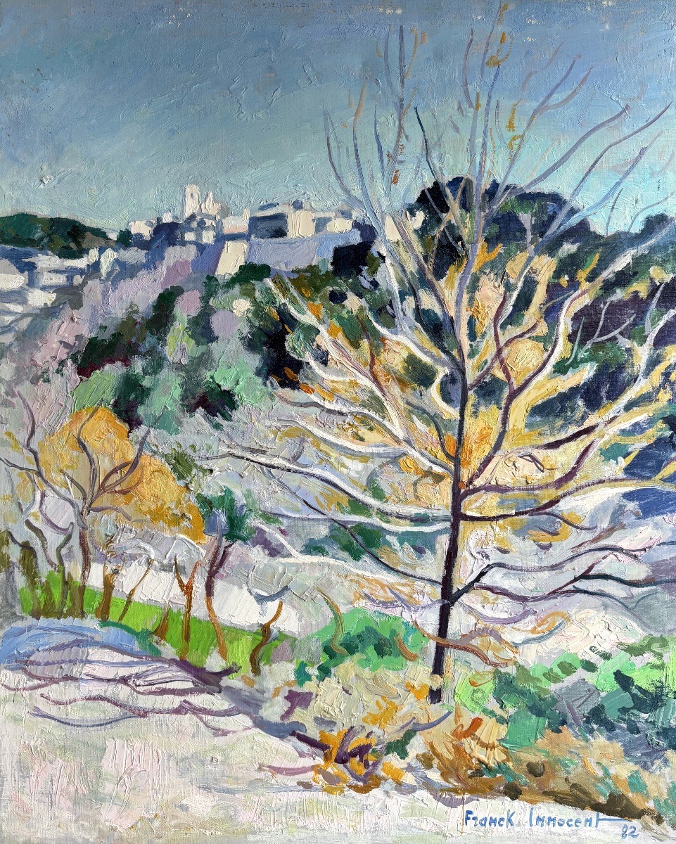 Franck Innocent (Rouen 1912-1983), Paysage : Vue de Saint-Paul de Vence, 1982, huile