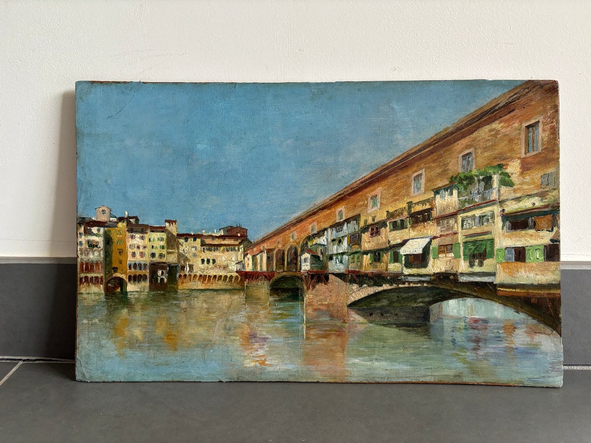Vers 1920, Paysage italien: le Ponte Vecchio de Florence, Italie, huile-photo-2