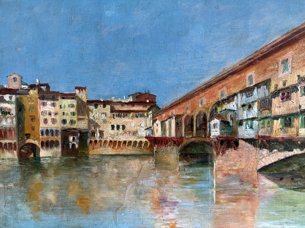 Vers 1920, Paysage italien: le Ponte Vecchio de Florence, Italie, huile-photo-4